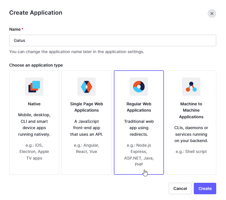 choosing the application type on Auth0